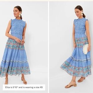 OLIPHANT Campania Blue Block Print Sleeveless Cotton Smocked Maxi Dress Size XL